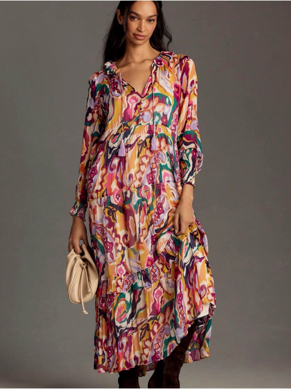 Anthropologie Multicolor Abstract Print Tiered Maxi Dress